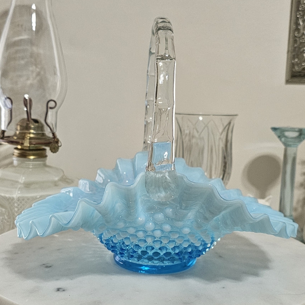 Fenton Opalescent Blue Hobnail Ruffled Basket with Clear Handle